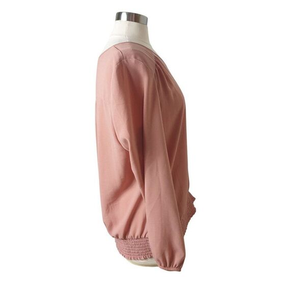 Apt. 9 Womens Y2K Smocked Hem Blouse L Pink Blush V-Neck Button-Front Pleated - Picture 4 of 6